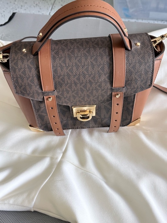 Michael Kors Handbags - Michael Kors Brown and Tan MK Monogram Satchel with Gold Hardware